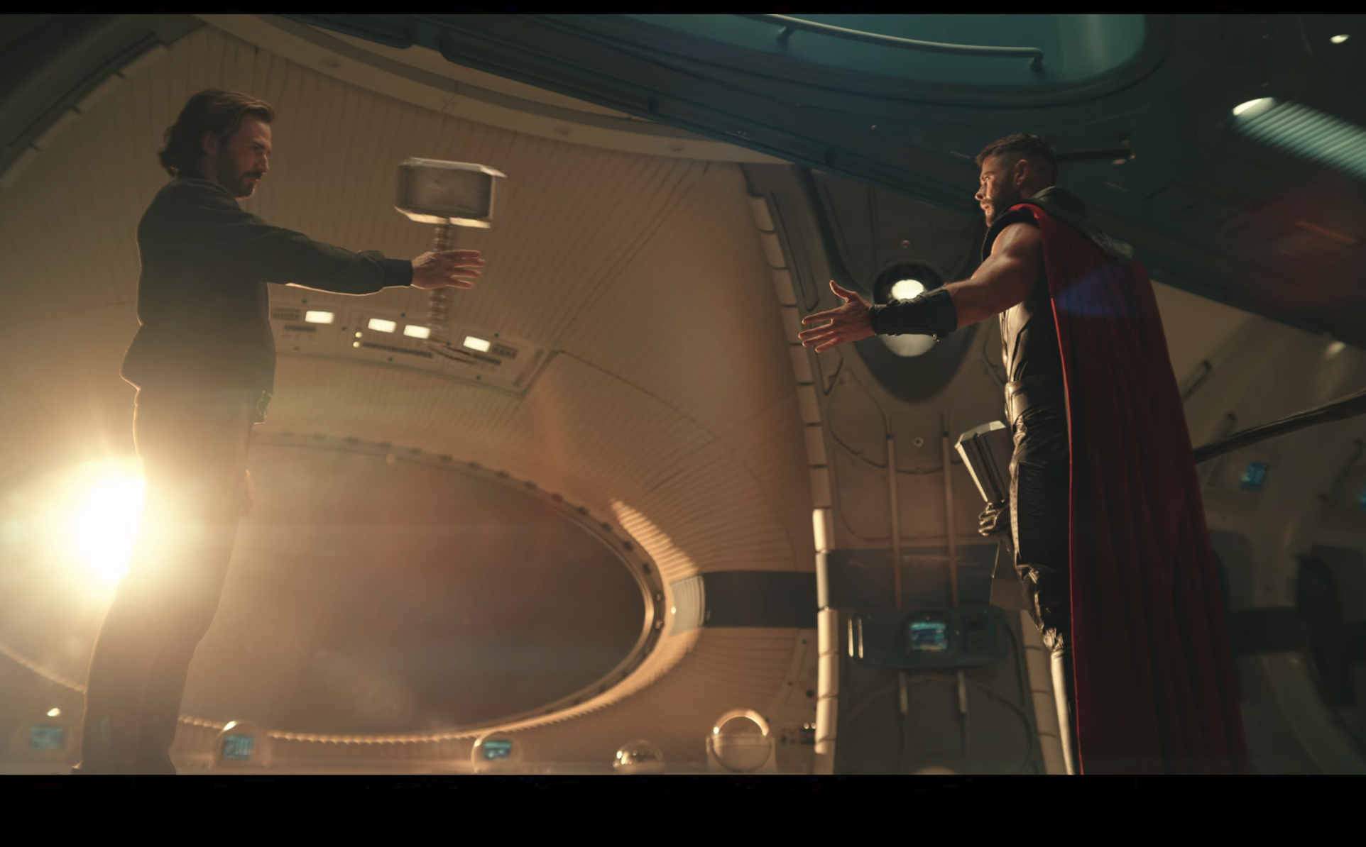 Doomsday trailer scene where Thor meets Captain America and to confirm he is the "true" cap, hands him Mjölnir and Cap pulls it with he's hand.